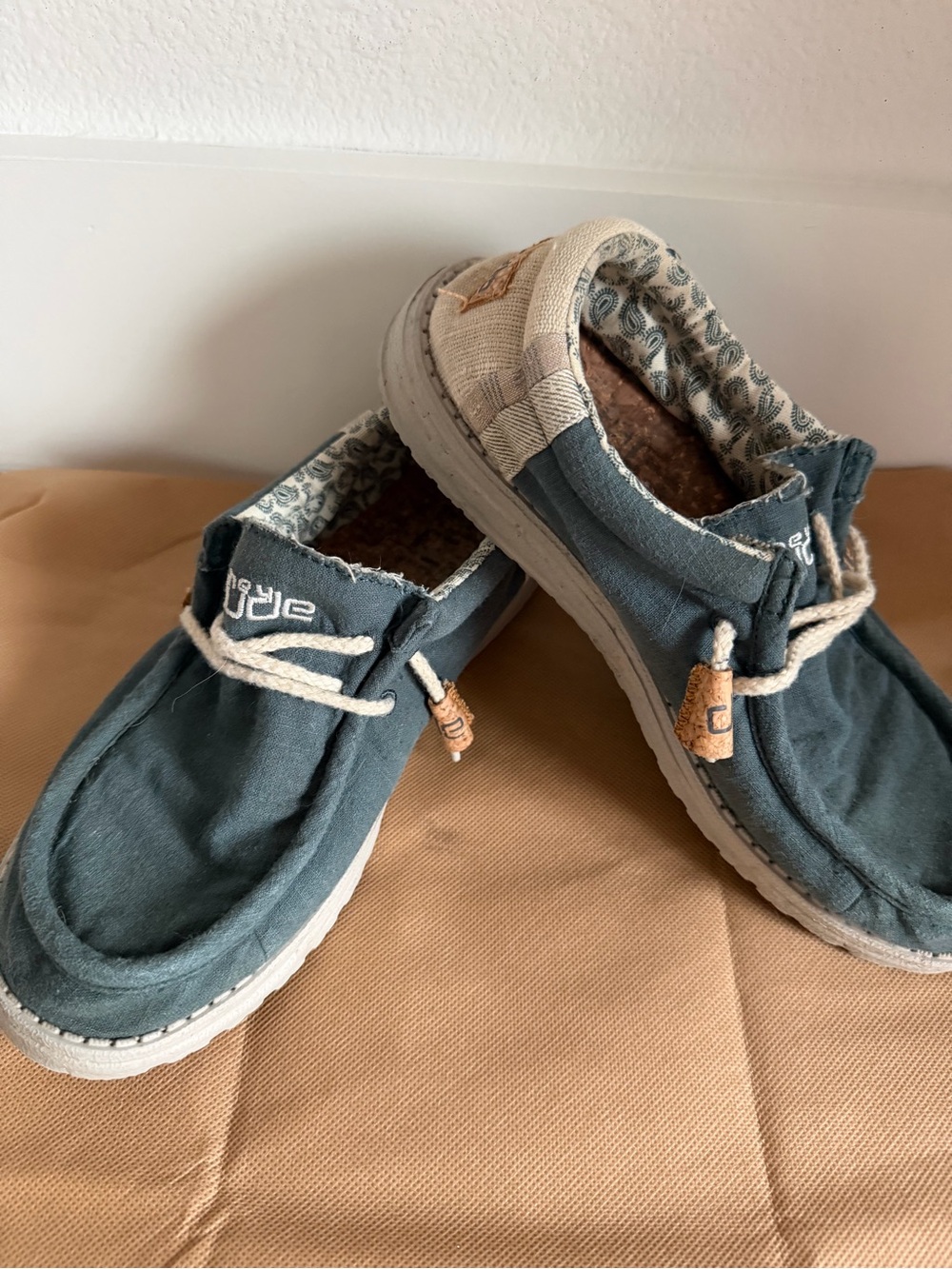 Hey Dude Men's Slip-On Canvas Shoes in Teal and Cream